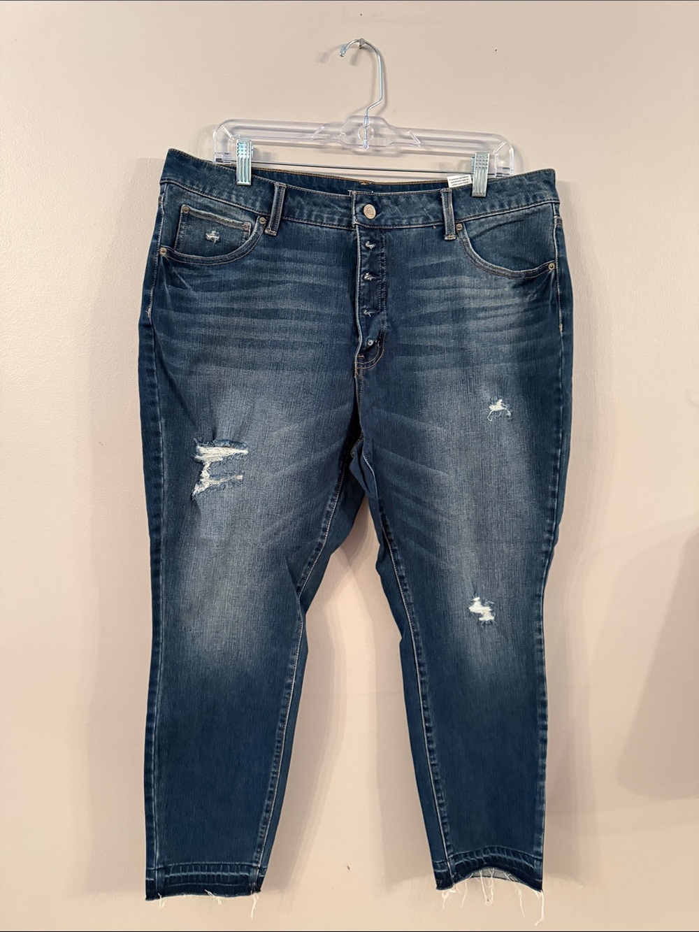 Time and Tru Skinny Button Fly Jeans in Dark Blue with Distressed Details - 18